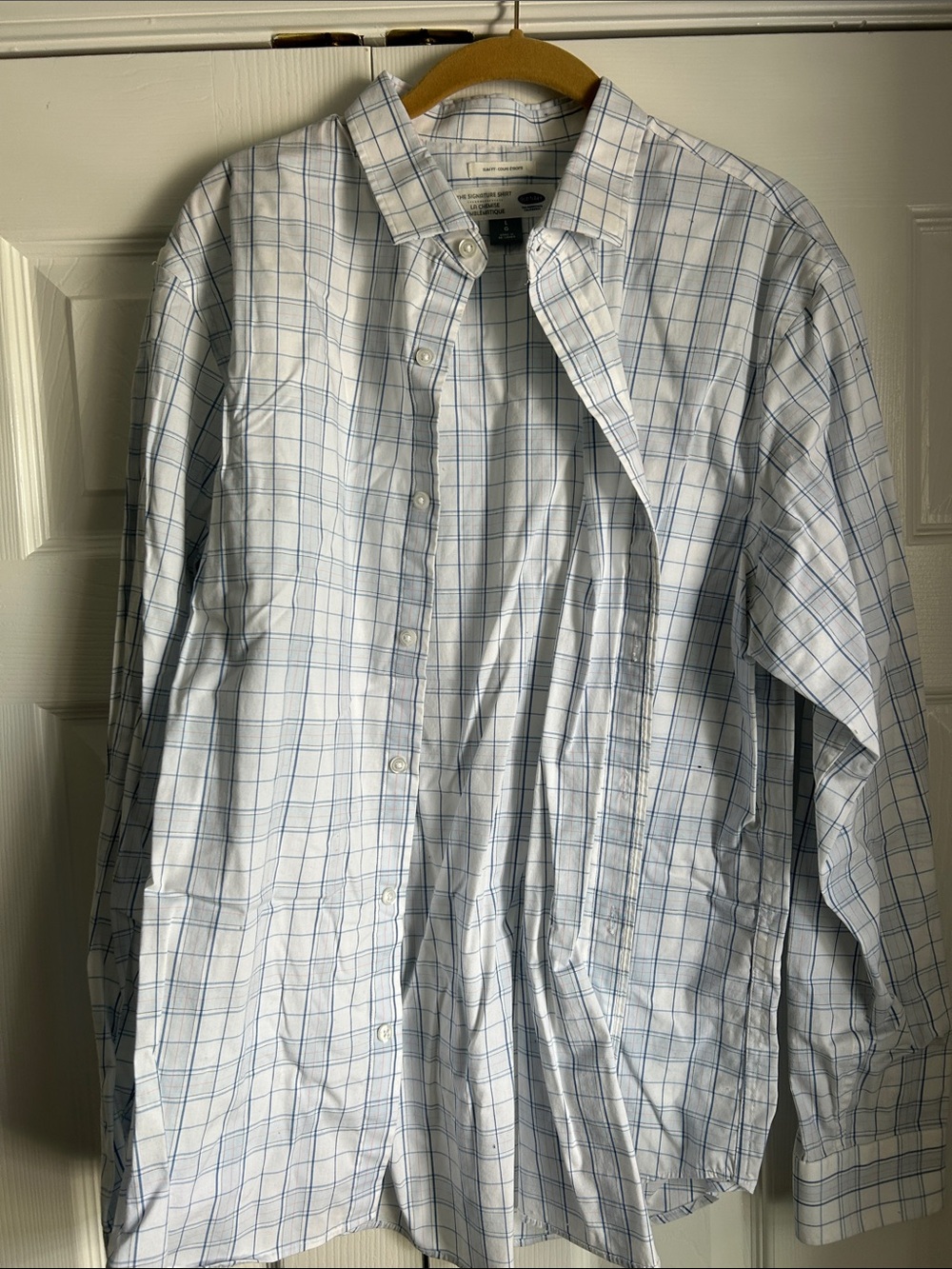 Old Navy White Button-Up Dress Shirt with Blue Windowpane Check